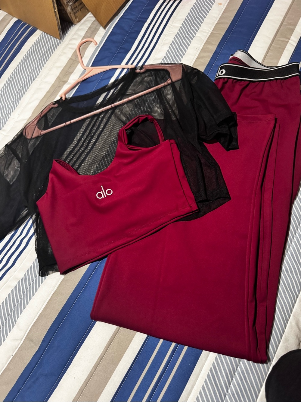 ALO Yoga Burgundy Sports Bra and Leggings Set with Black Mesh Top